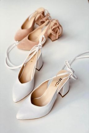 Beyaz Deri Bağıcıklı Topuklu Ayakkabı Y114