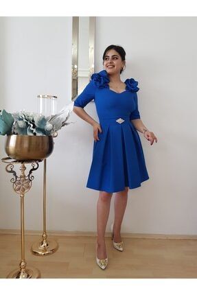 Kadın Saks Mavi Balon Kol Mini Pileli Elbise FERO0000681