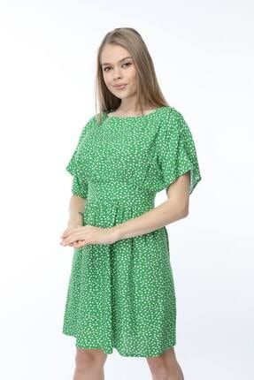 Yeşil Beli Korsajlı Desenli Elbise My1013-ELB