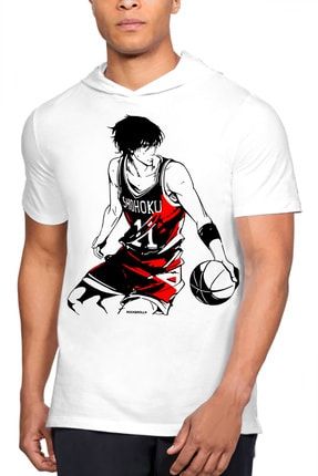 Erkek Beyaz Yakışıklı Basketci Kapüşonlu Kısa Kollu T-shirt 1M1KM370AB