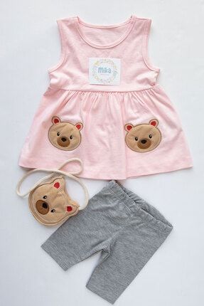 Kız Bebek Pembe Ayıcık Figürlü Çantalı Elbise Tayt Yazlık Takım MB-00326