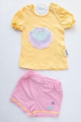 Deniz Kabuğu Figürlü Kız Bebek Yazlık Sarı Tişört Şort Takım MB-00328