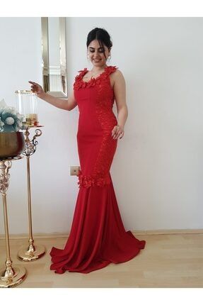 Kadın Kırmızı Tasarım Balık Abiye Elbise FERO0000920