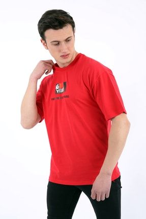 Erkek Kırmızı Oversize Fit Bisiklet Yaka Scarface Baskılı %100 Pamuk T-shirt RF3867