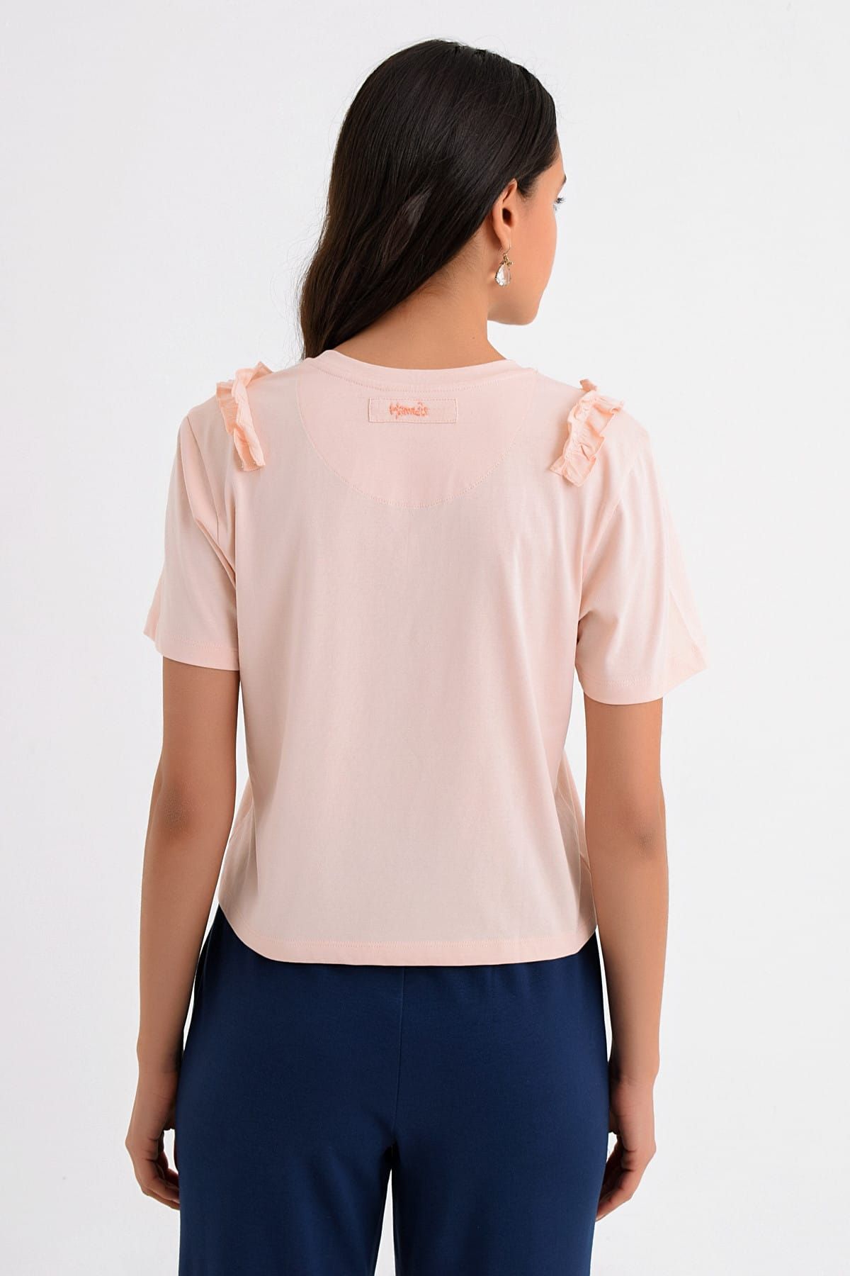 Hanna's by Hanna Darsa-Women's Salmon Frilly Neck Hanna's Embroidered T-shirt Hn1663 5