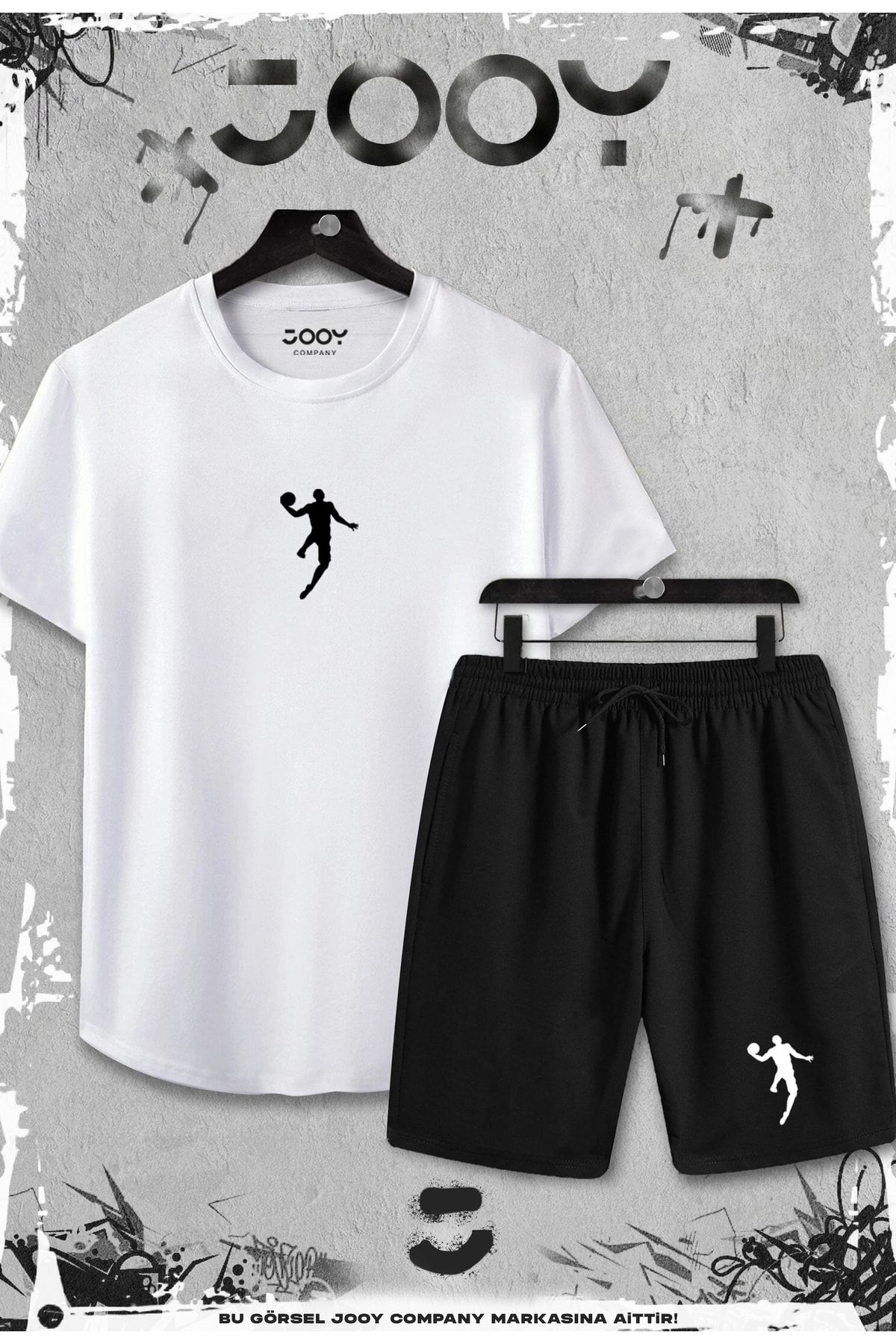 Jooy Company Tricou Alb Slim Fit Pentru Jucător De Baschet Din 2 Piese - Set Pantaloni Scurți Negri Masculin - S