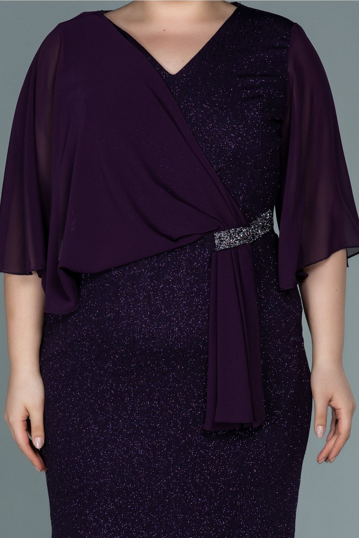 Abiyefon-Purple Chiffon Short Sleeve Glitter Midi Plus Size Evening Dress Abk1567 3