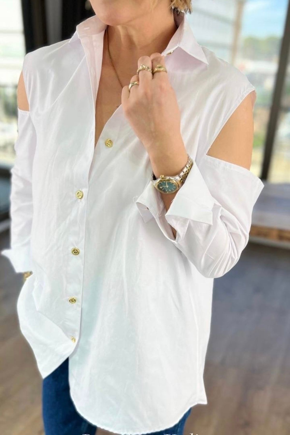 Off the shoulder on sale white button down shirt