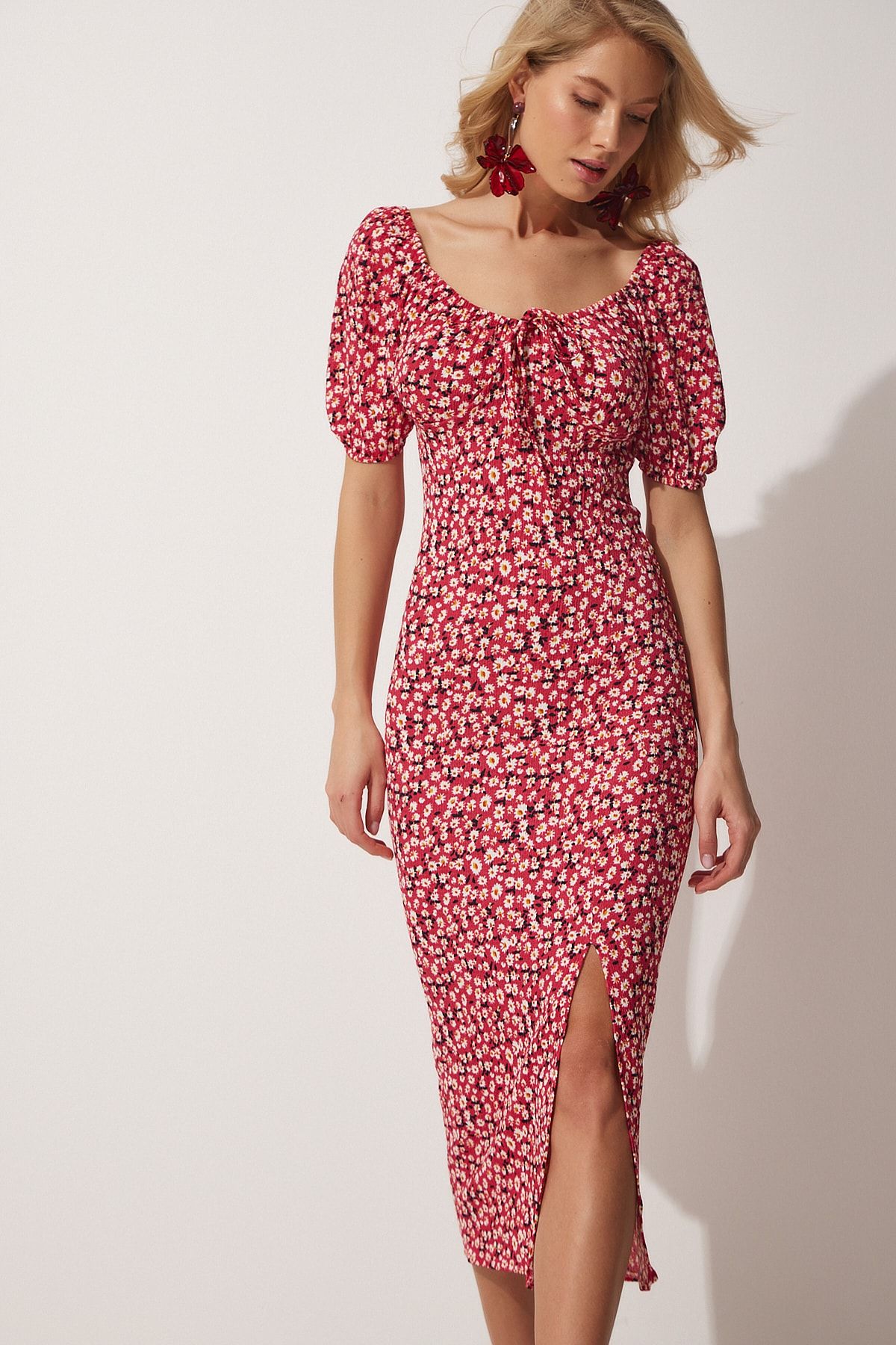 Happiness İstanbul-Dunkelrosa Damen-Sommerstrickkleid mit Carmenkragen und Schlitz FF00113 2