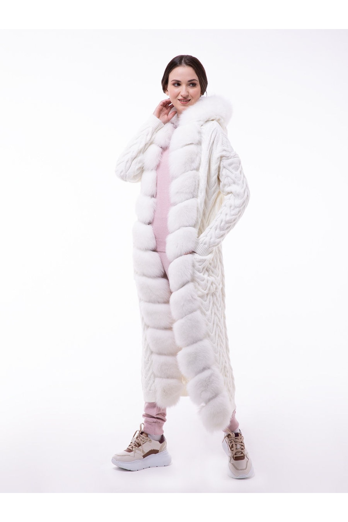 Women's Genuine Knitted Long Fox Cardigan