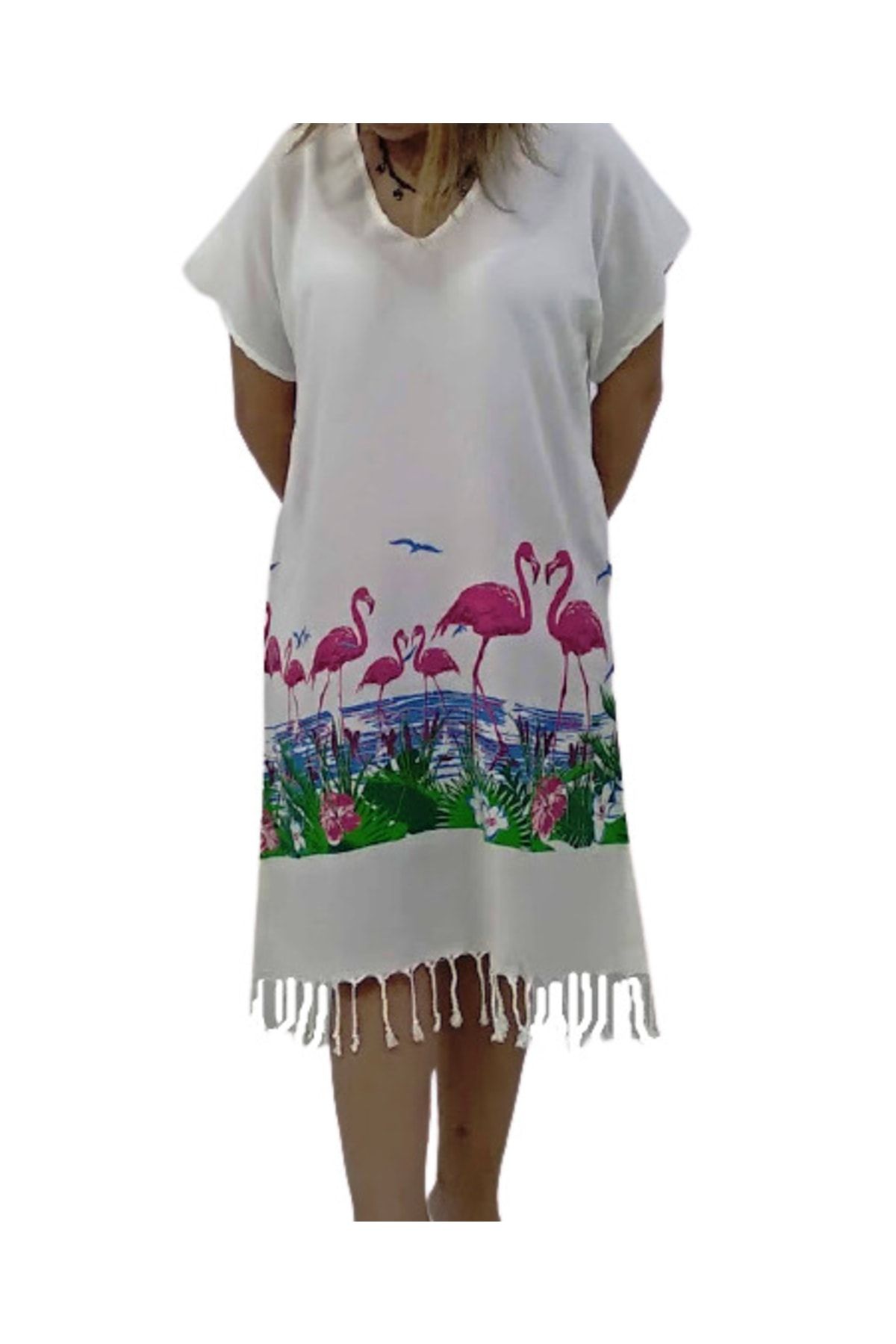Nevin Acar Rochie De Plajă Peshtemal Cu Model Flamingo Alb Pentru Femei Femeie - M