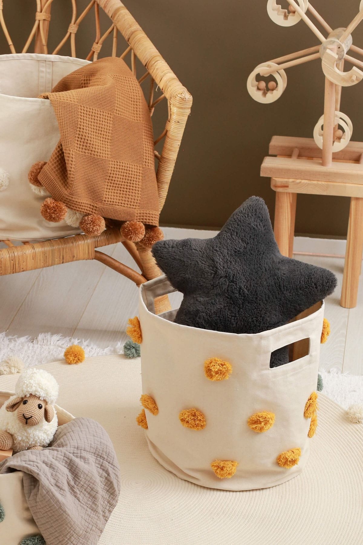 Cozy & Soft-Children's Room Organizer Yellow Pompom Cotton Basket Medium 28x28 Cm 4