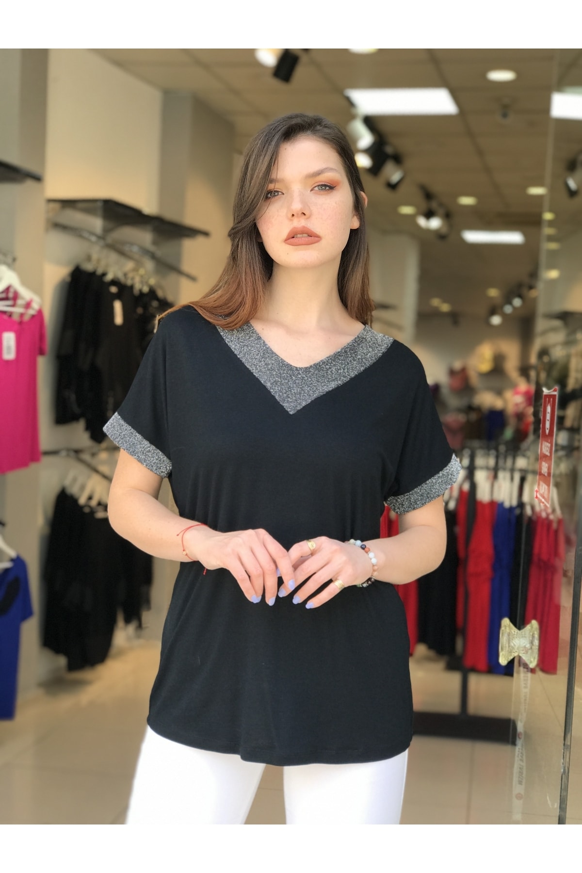 citycenterfashion  Kadın Büyük Beden V Yaka Siyah Bluz Yaka Kol Gümüş Sim Cty-xyn-101 - Görsel 2