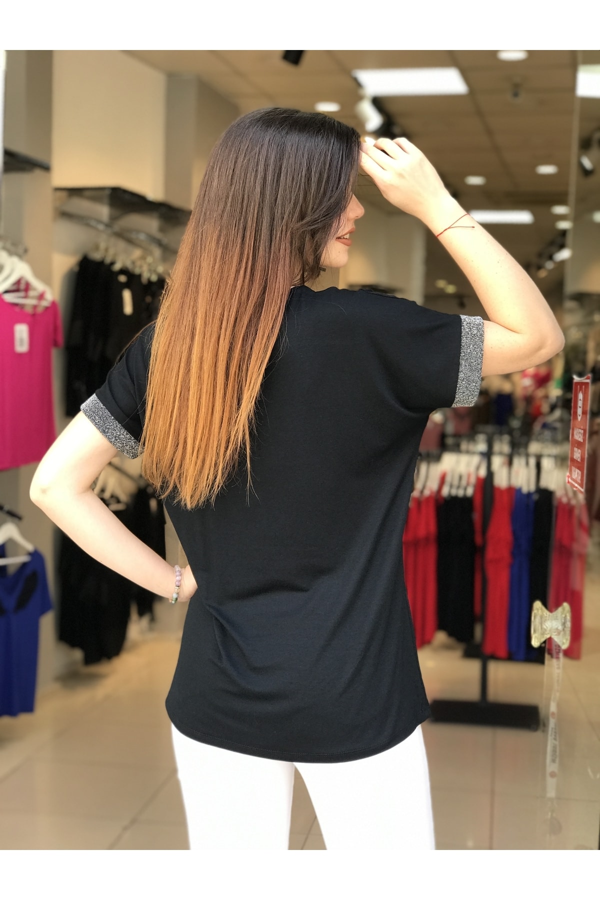 citycenterfashion  Kadın Büyük Beden V Yaka Siyah Bluz Yaka Kol Gümüş Sim Cty-xyn-101 - Görsel 4
