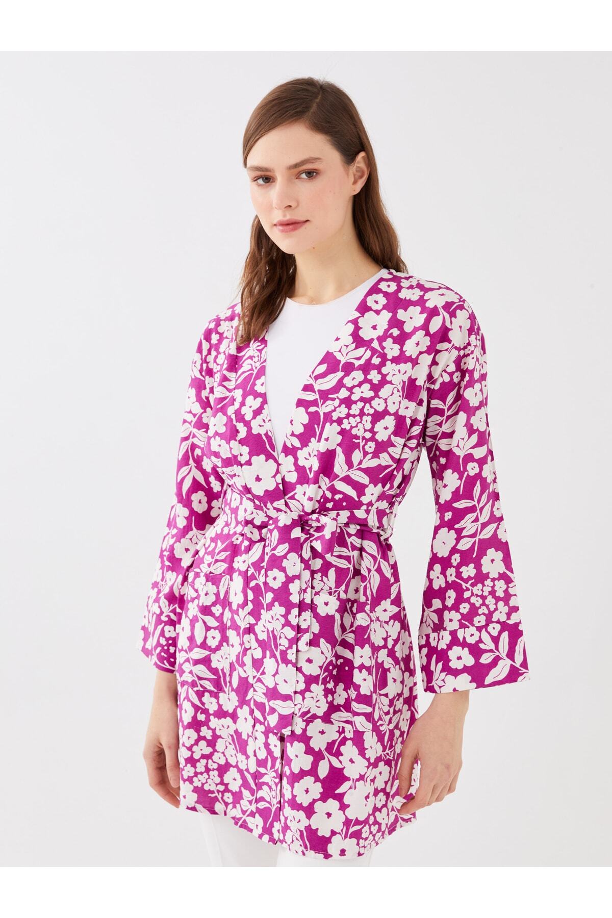 Şal Yaka Çiçekli Uzun Kollu Oversize Kadın Kimono