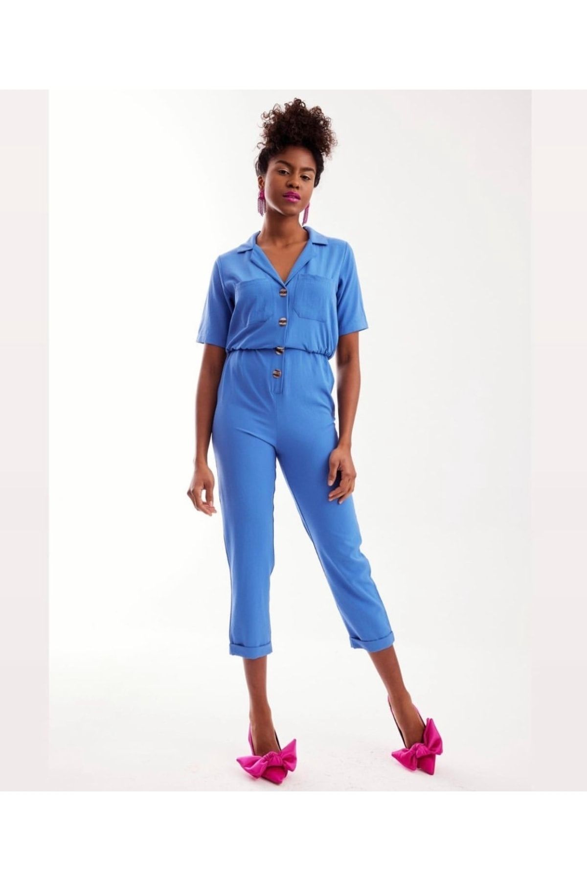soBasic-Indigo Blue Pocketed Buttoned Front Viscose Short Sleeve Double Leg Jumpsuit 3