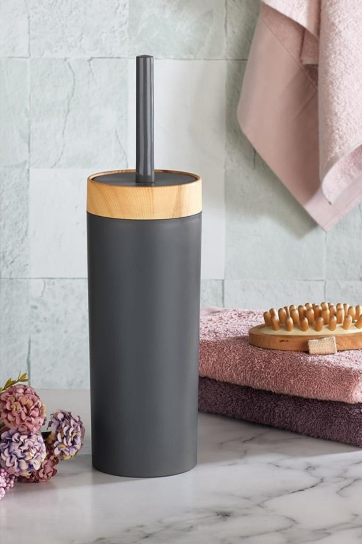 Flosoft-Bamboo Patterned Trash Can and WC Brush - Set of 2 3