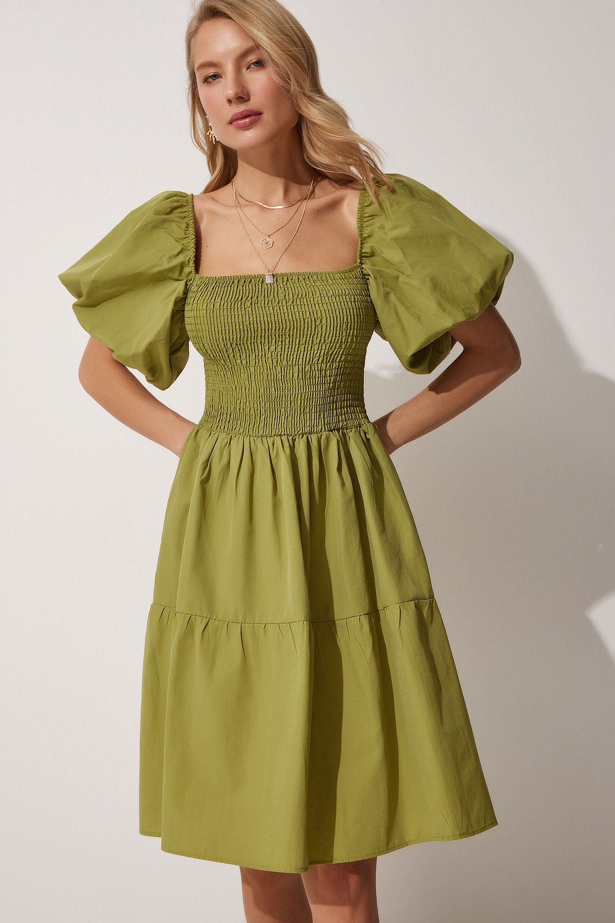 Happiness stanbul Women s Oil Green Balloon Sleeve Midi Dress