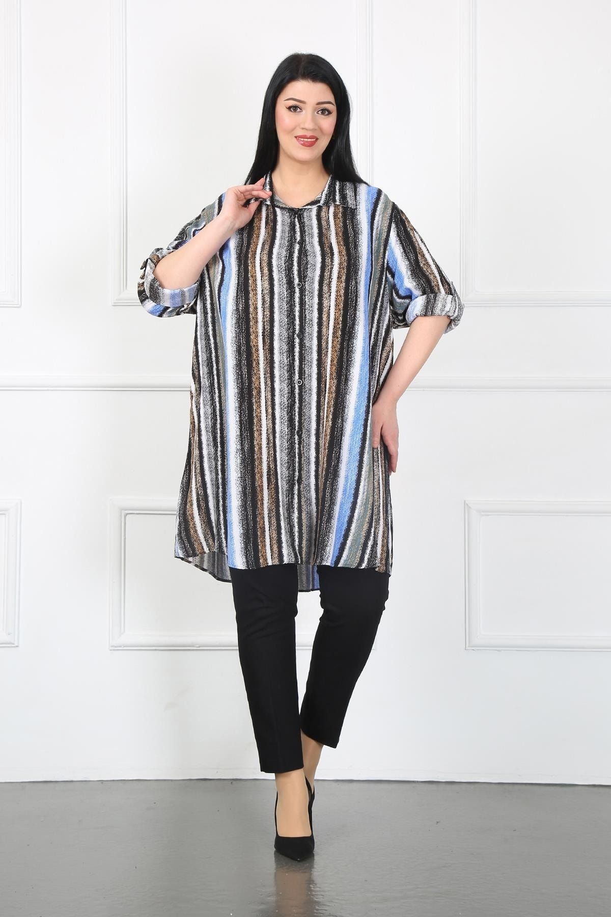 By Alba Collection-Tunică de damă multicoloră din bumbac viscoză marime mare gri 2