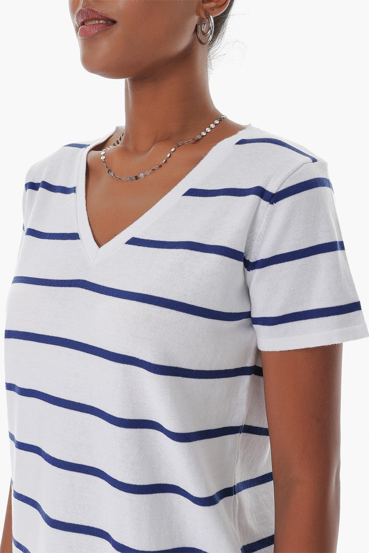 CHUBA-Tricou de damă, cu decolteu în V, din bumbac, cu dungi subțiri, tricotaje marine, alb-bleumarin 23s1007 5
