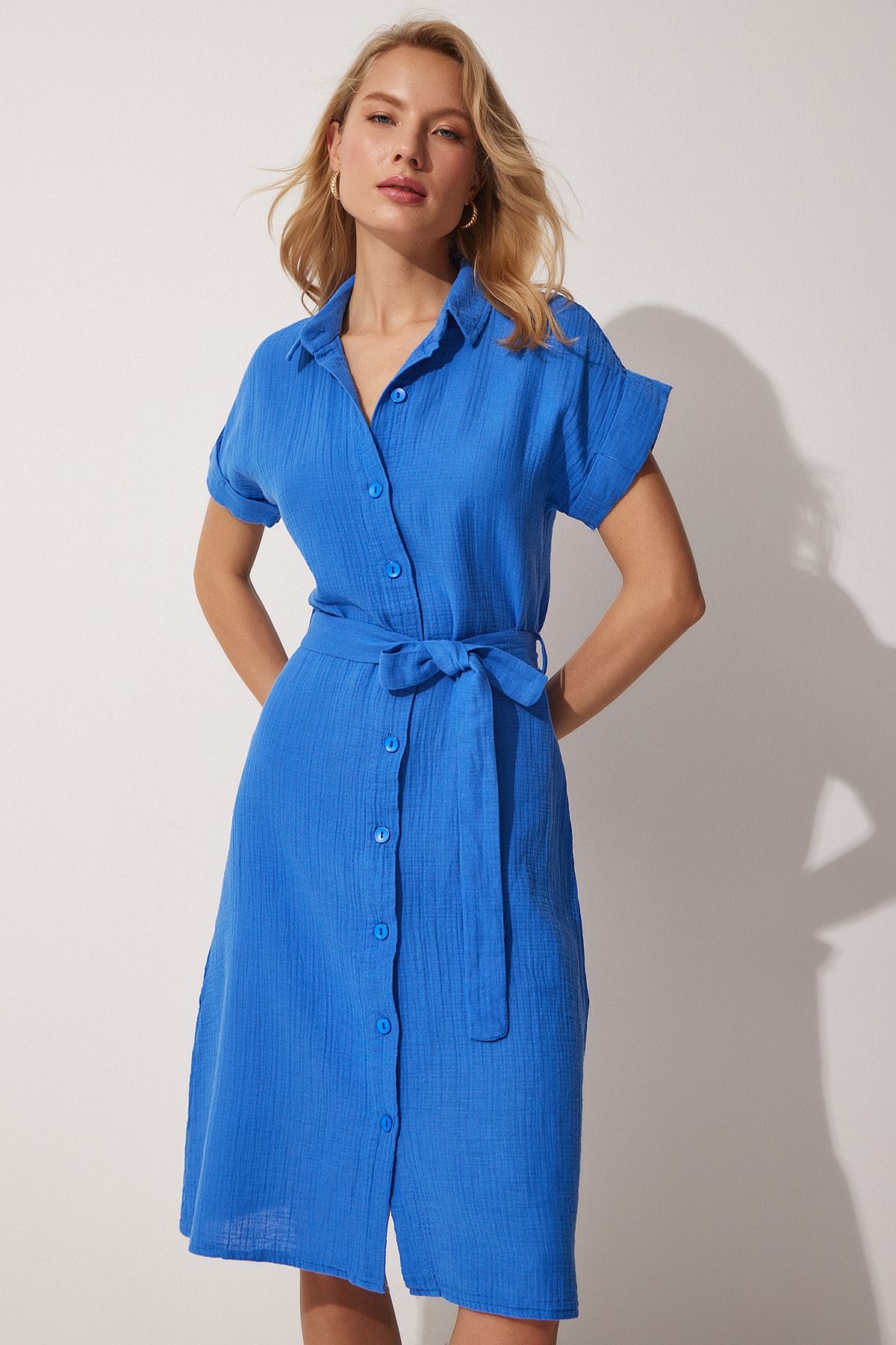 Happiness İstanbul Women's Blue Belted Linen Shirt Dress MX00046 - Trendyol