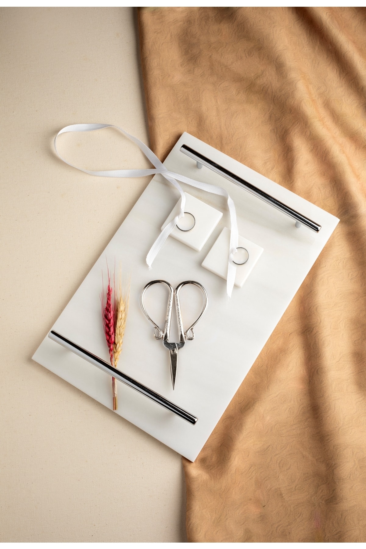 Fine Marble Silver Promise/ Engagement Tray, Silver Scissors, 2 Removable Rings , Metal Profile Handle