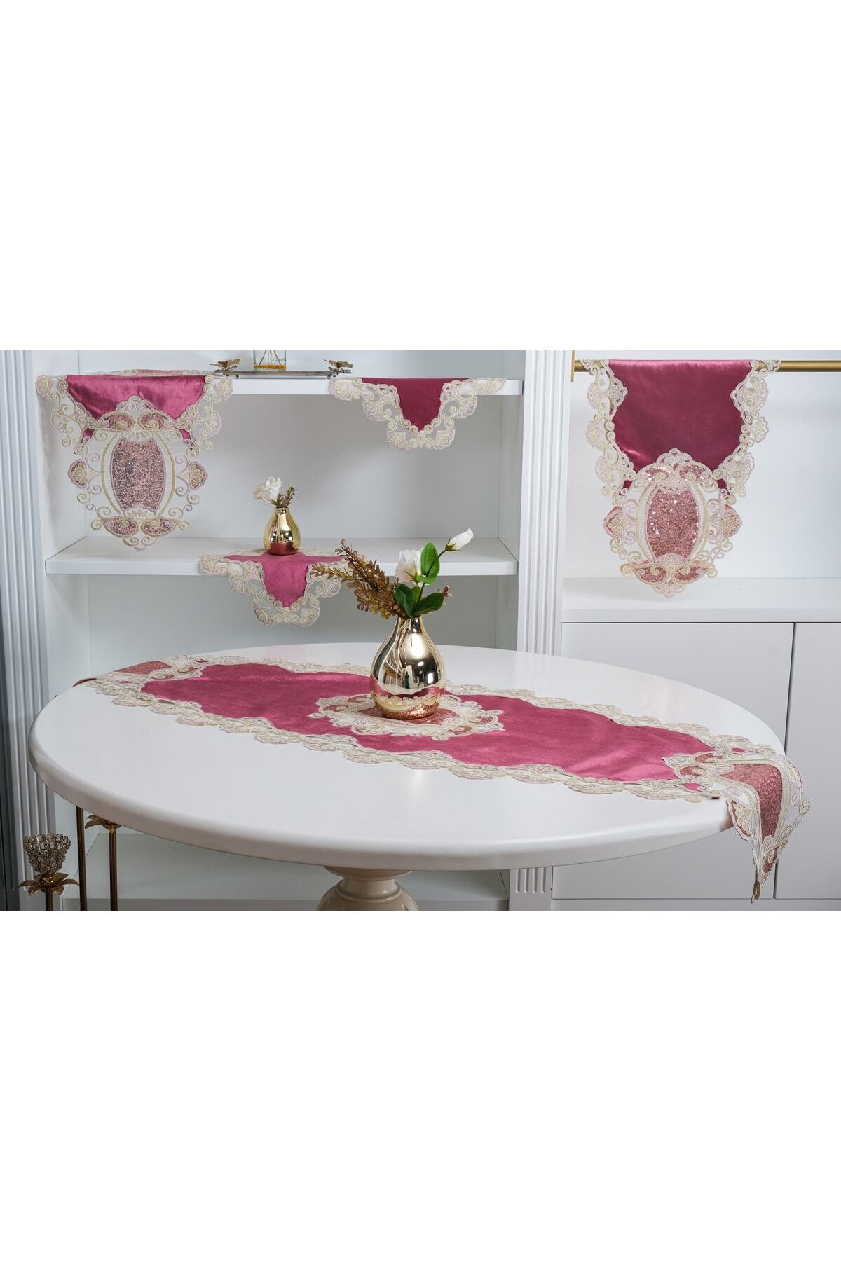 Aydan Applique Guipure Velvet Powder Living Room Set 5 Pieces-1453