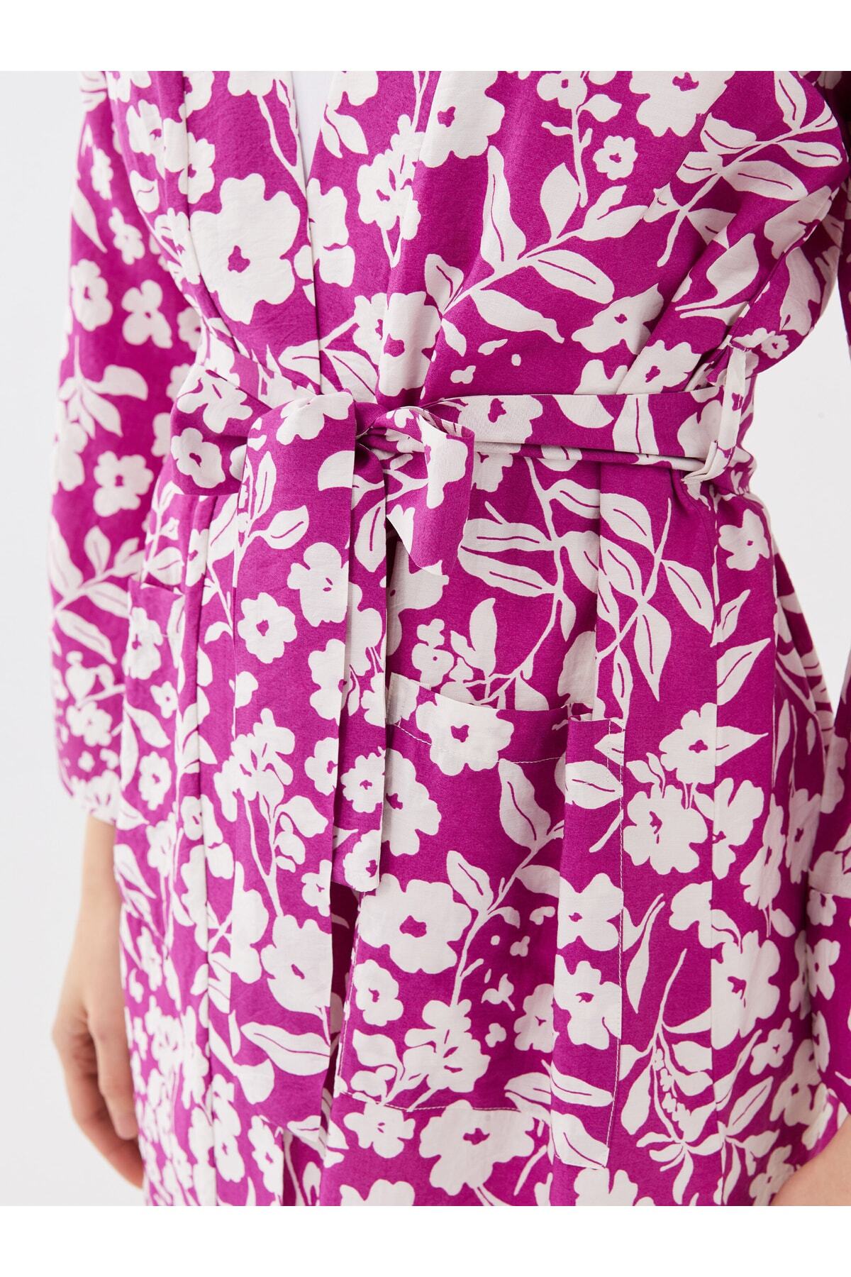 Şal Yaka Çiçekli Uzun Kollu Oversize Kadın Kimono