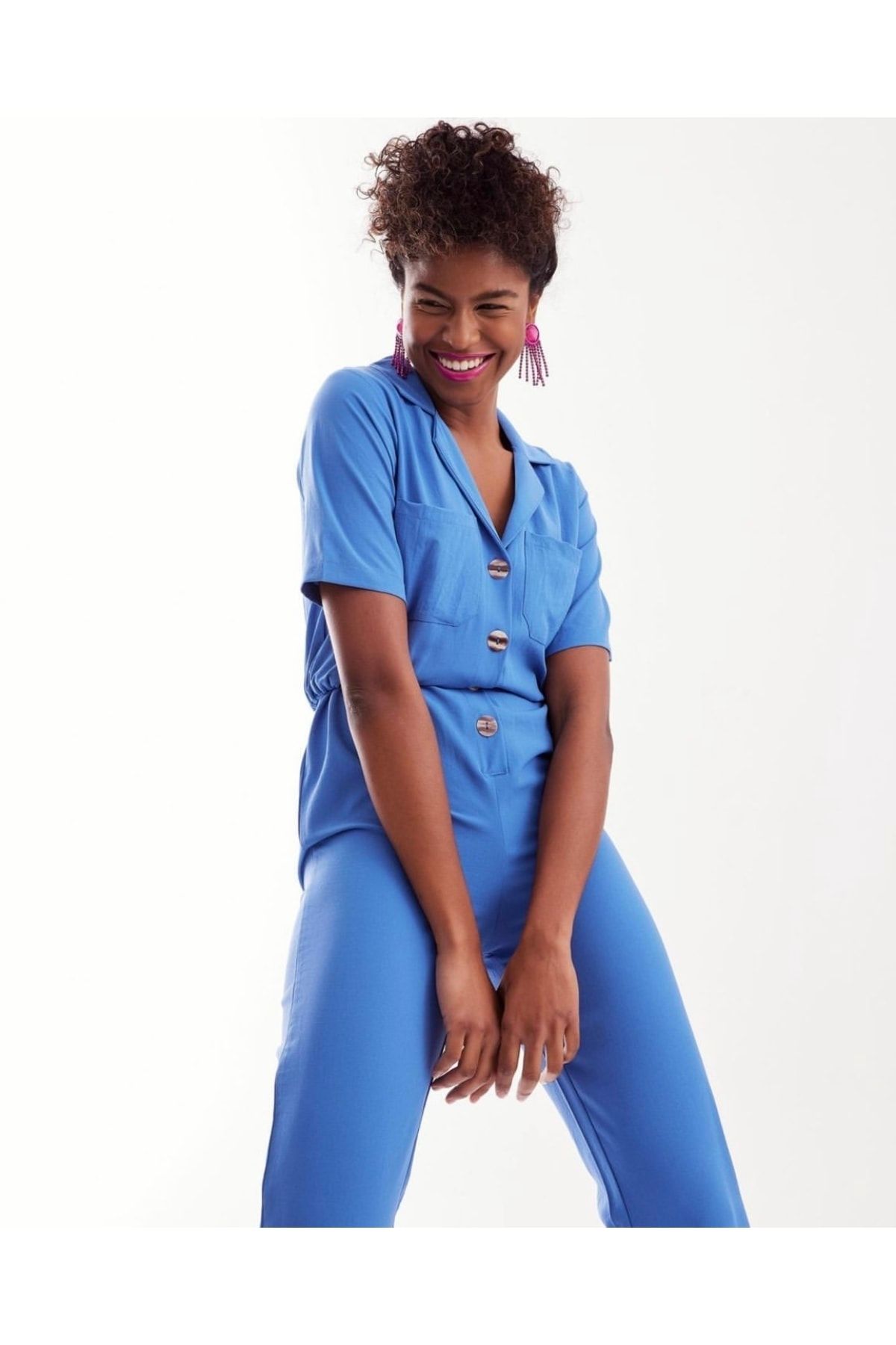 soBasic-Indigo Blue Pocketed Buttoned Front Viscose Short Sleeve Double Leg Jumpsuit 2