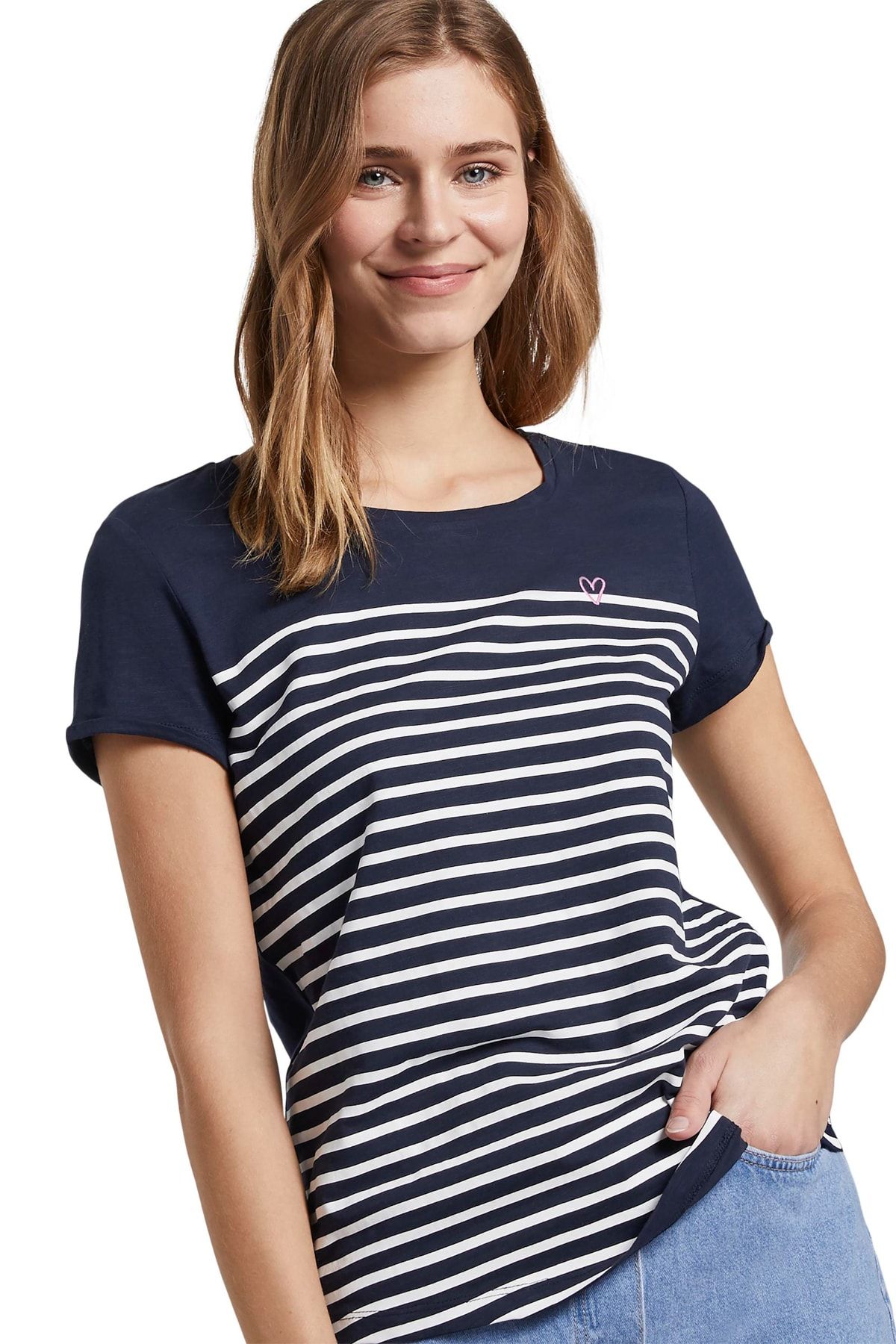 Tom Tailor Denim Marineblaues, cremefarbenes, gestreiftes Damen-/Mädchen-T- Shirt - Trendyol | T-Shirts