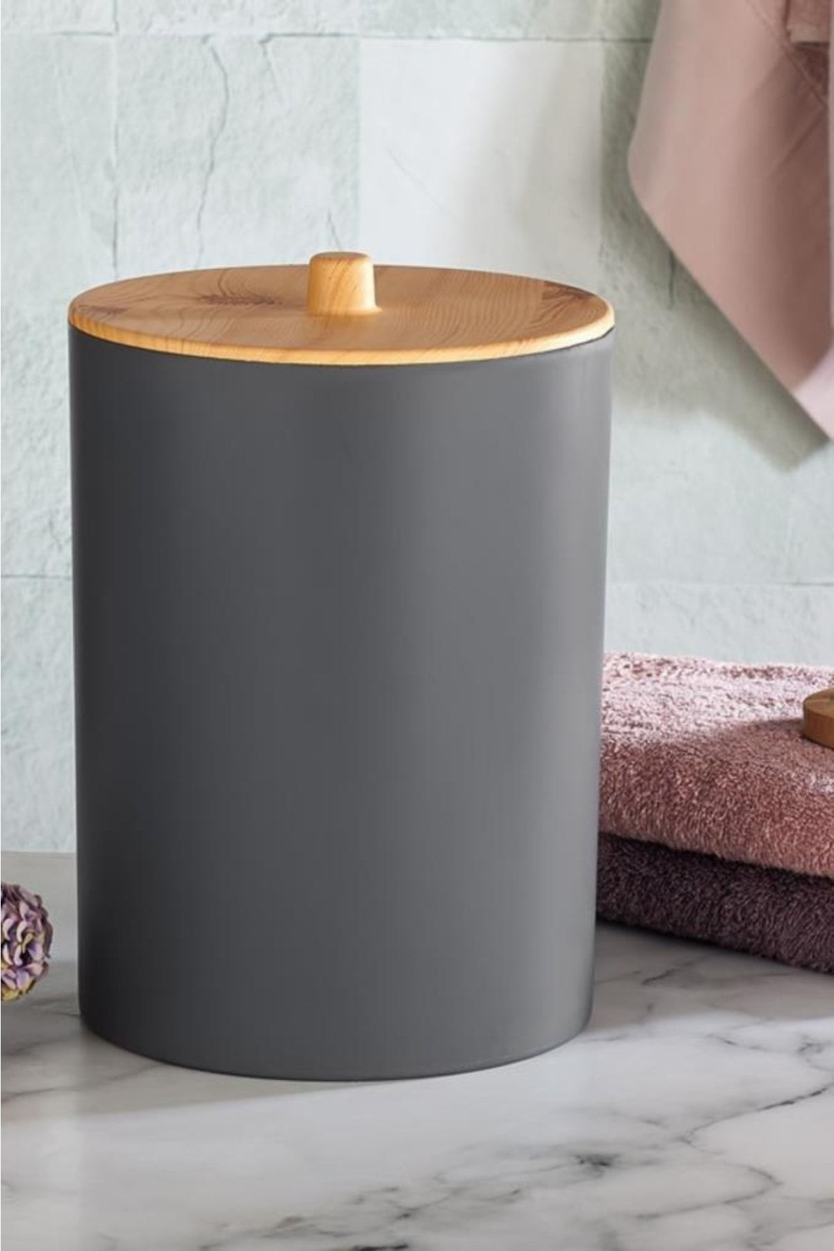 Flosoft-Bamboo Patterned Trash Can and WC Brush - Set of 2 2