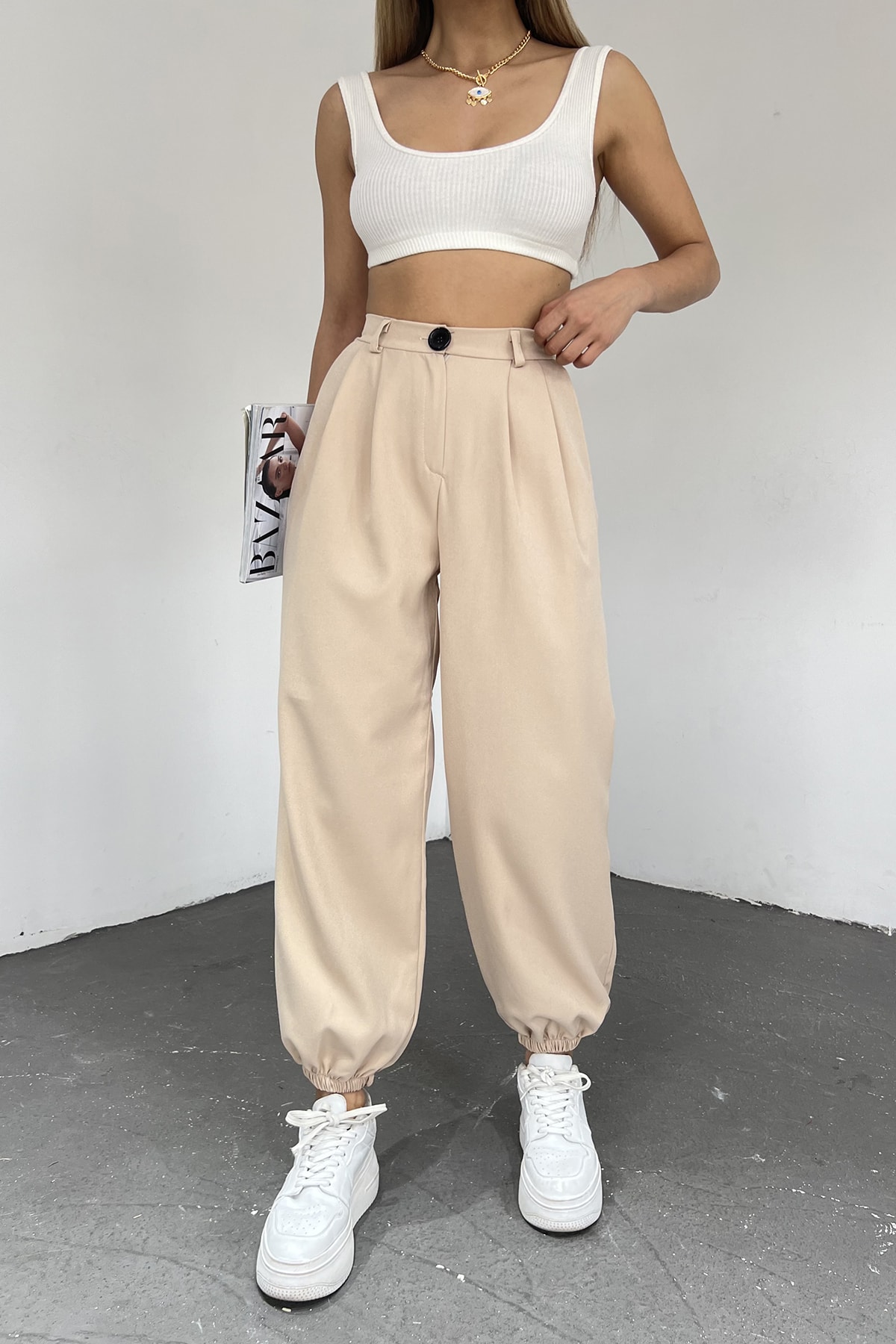 Sun Victoria  Kadın Krem Paçası Lastikli Yüksek Bel Balon Pantolon - Görsel 4