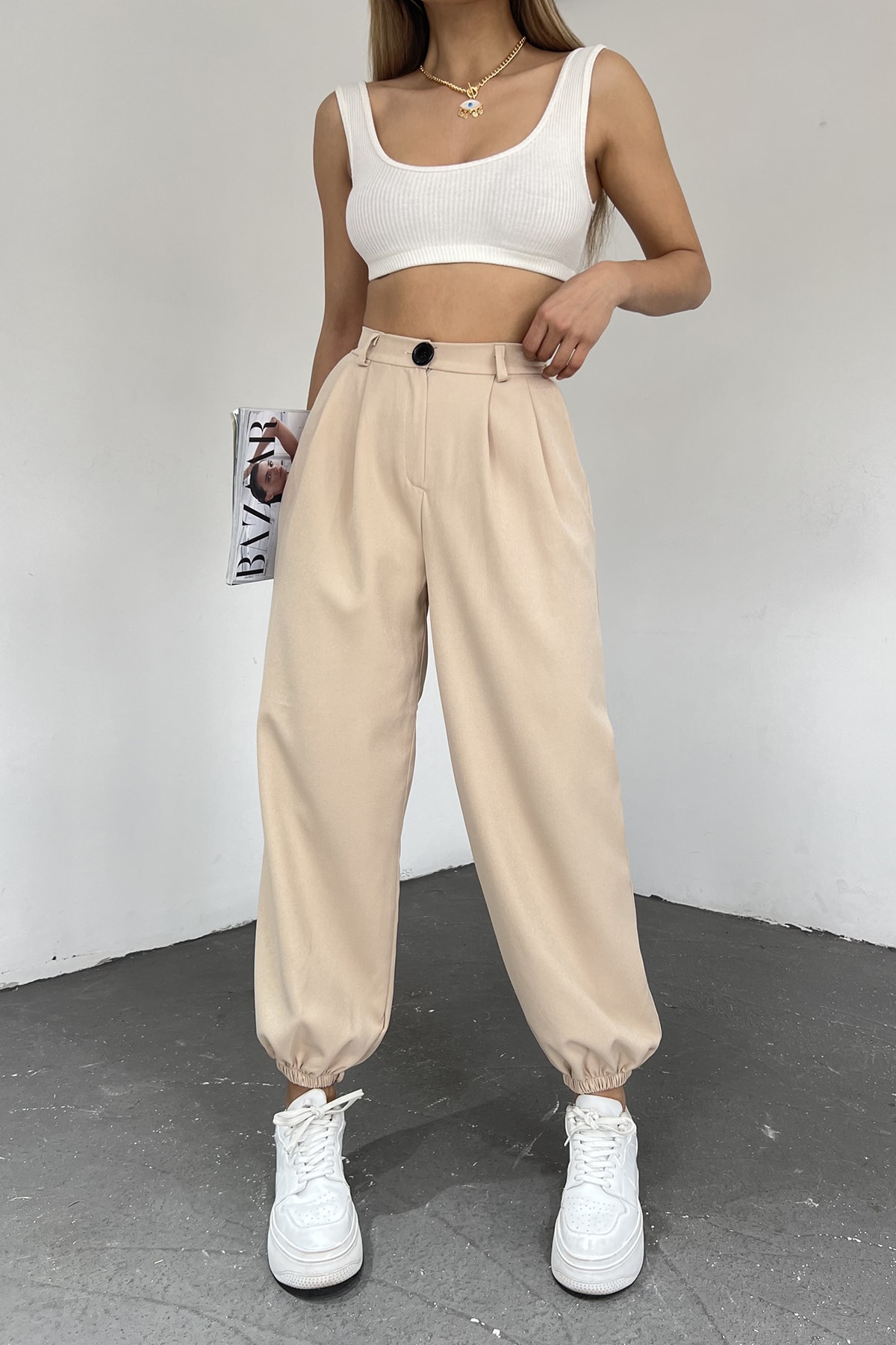 Sun Victoria  Kadın Krem Paçası Lastikli Yüksek Bel Balon Pantolon - Görsel 5