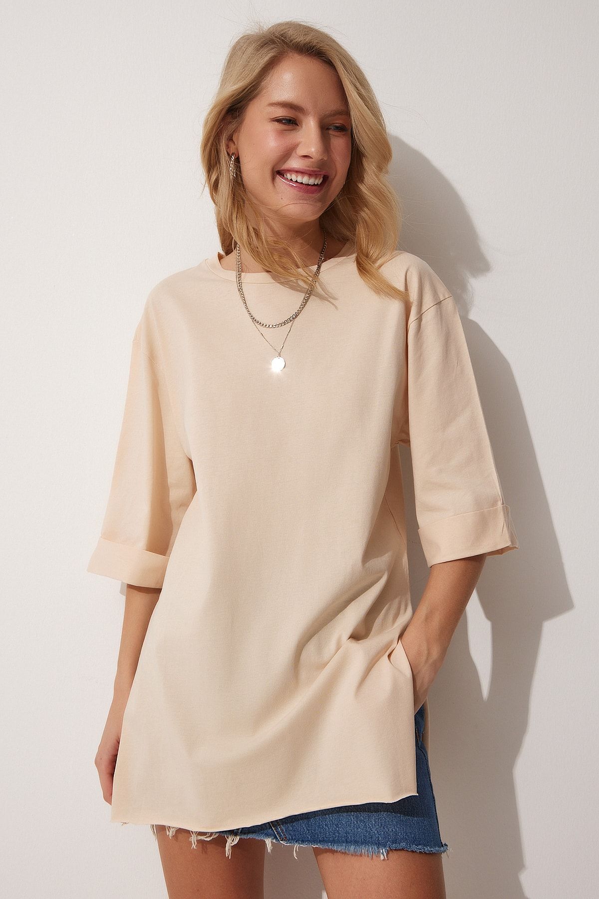 Happiness İstanbul T-Shirt Beige Oversized QV7373