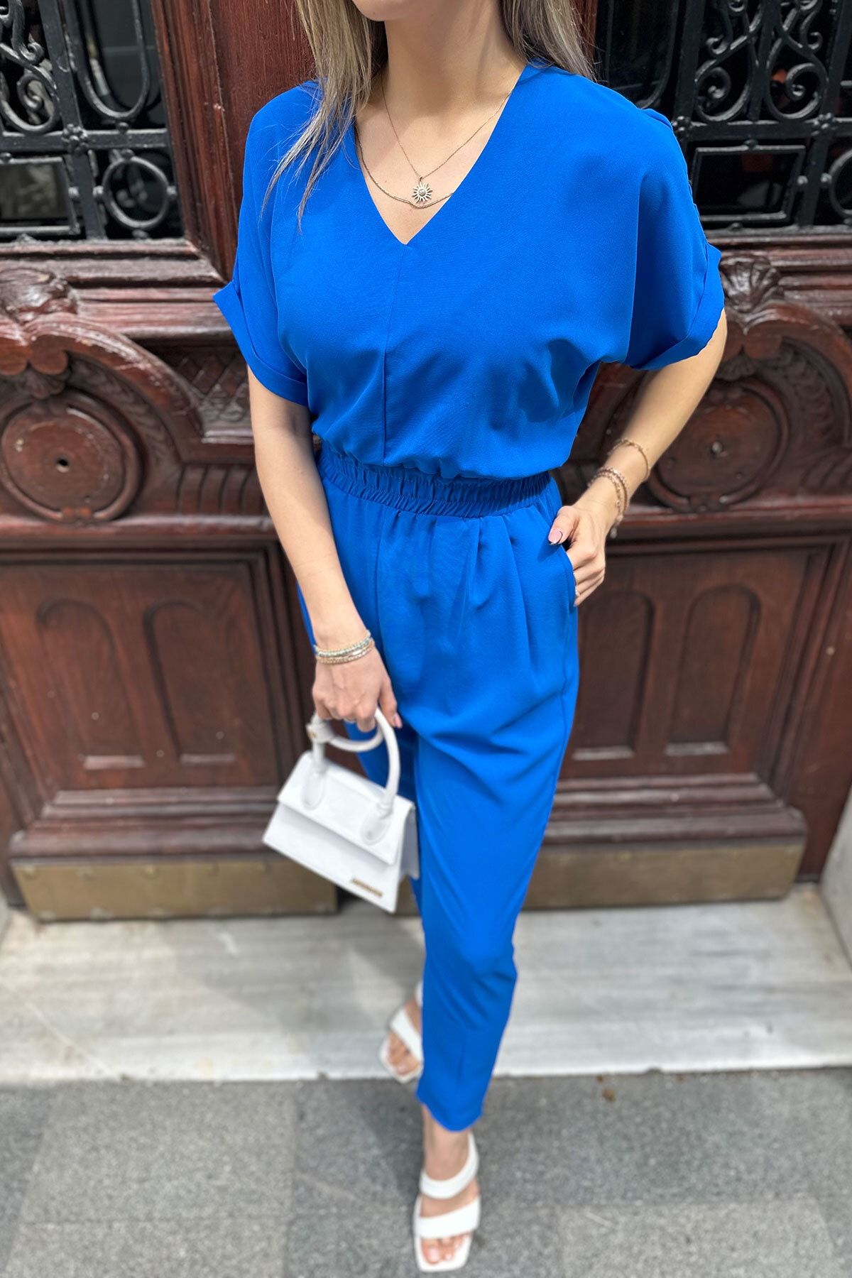 Blue v cheap neck jumpsuit