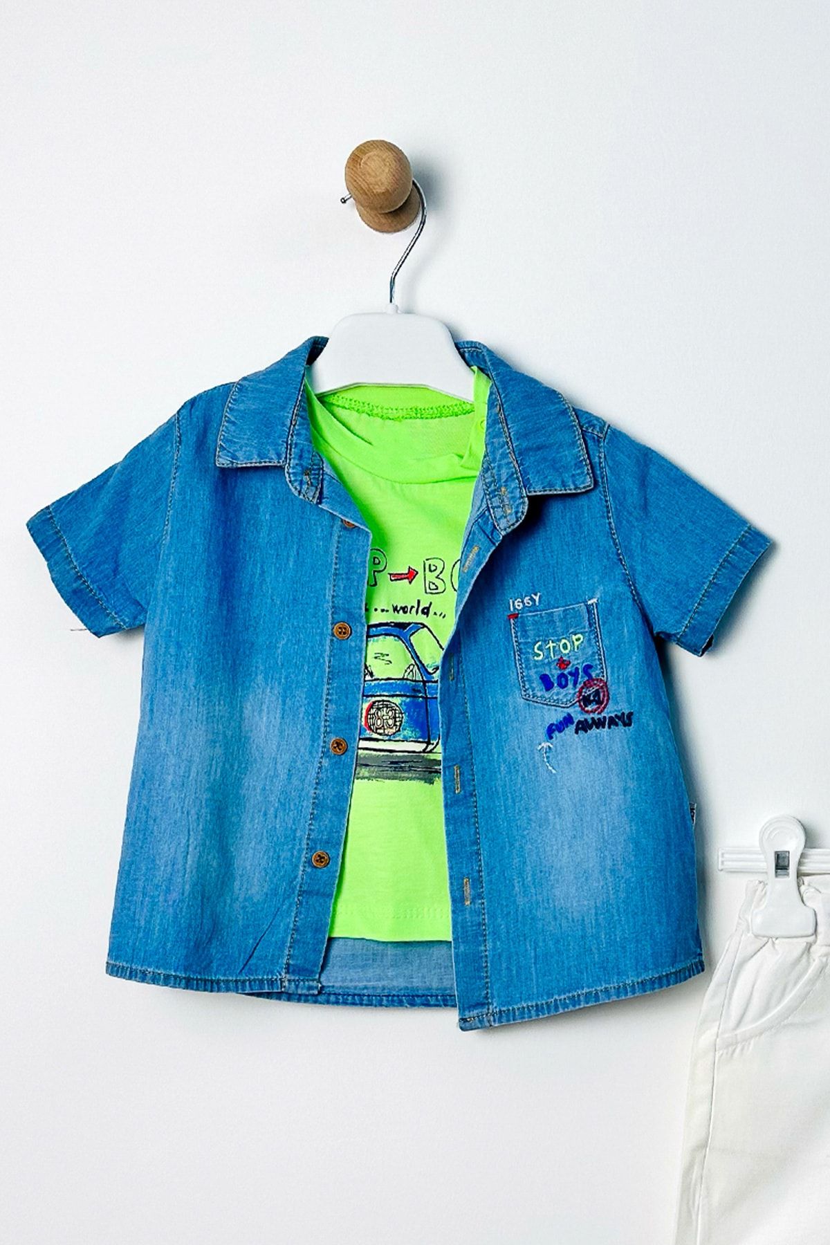 ADABEBEK Baby Boy Bottom Top Set with Cotton Denim Shirt and Linen