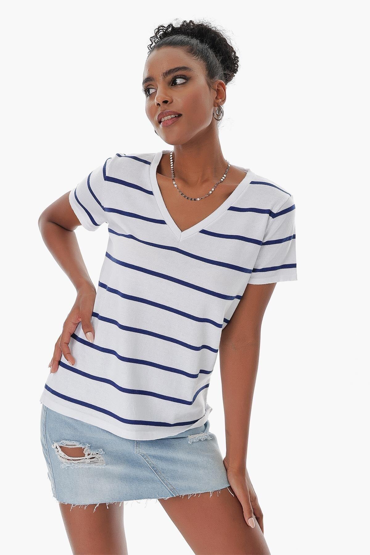 CHUBA-Tricou de damă, cu decolteu în V, din bumbac, cu dungi subțiri, tricotaje marine, alb-bleumarin 23s1007 3