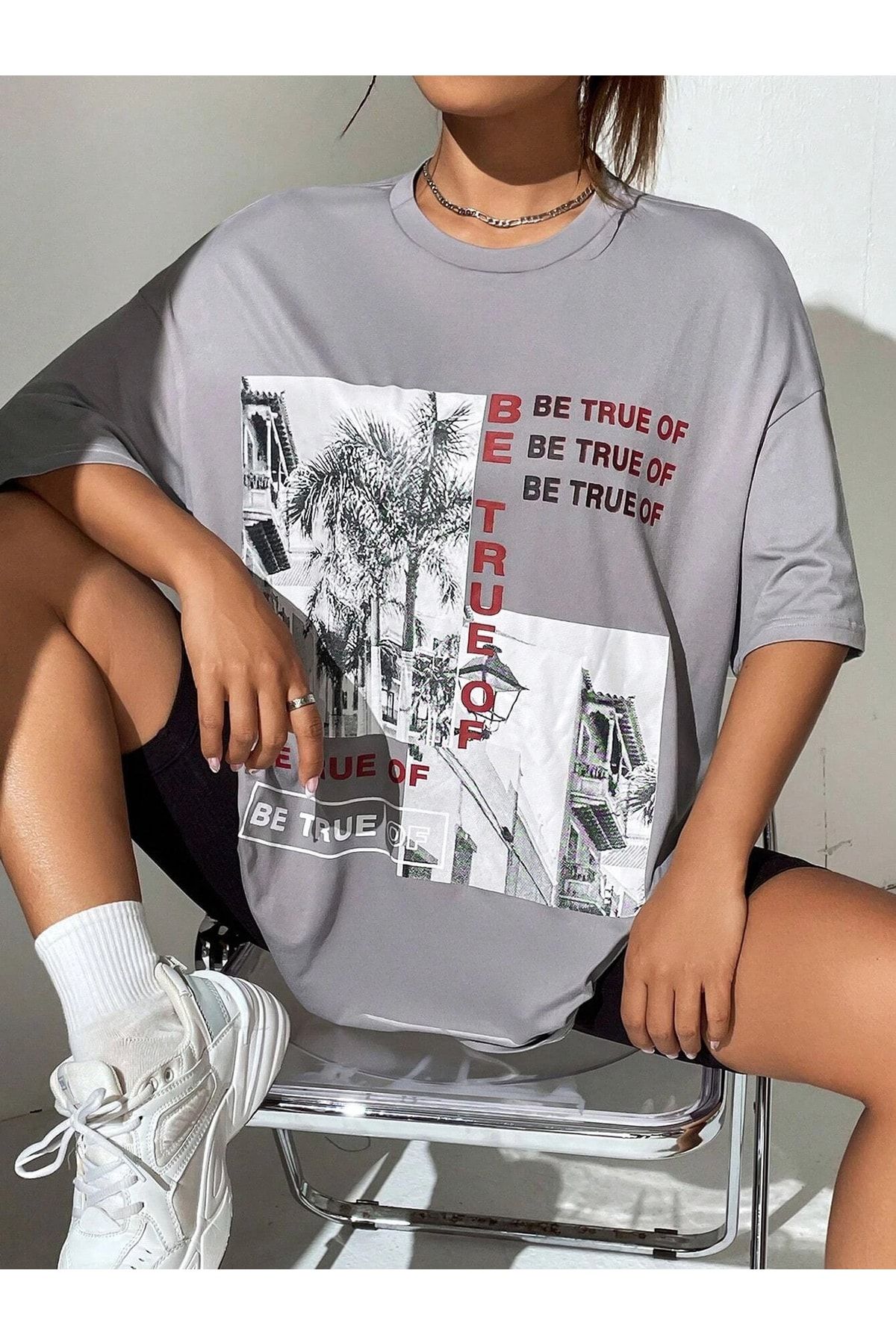 MODAR CH Be True Of T shirt Dyed Grey Printed Crew Neck