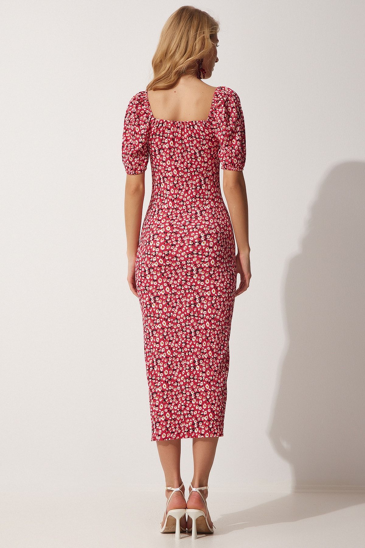 Happiness İstanbul-Dunkelrosa Damen-Sommerstrickkleid mit Carmenkragen und Schlitz FF00113 4