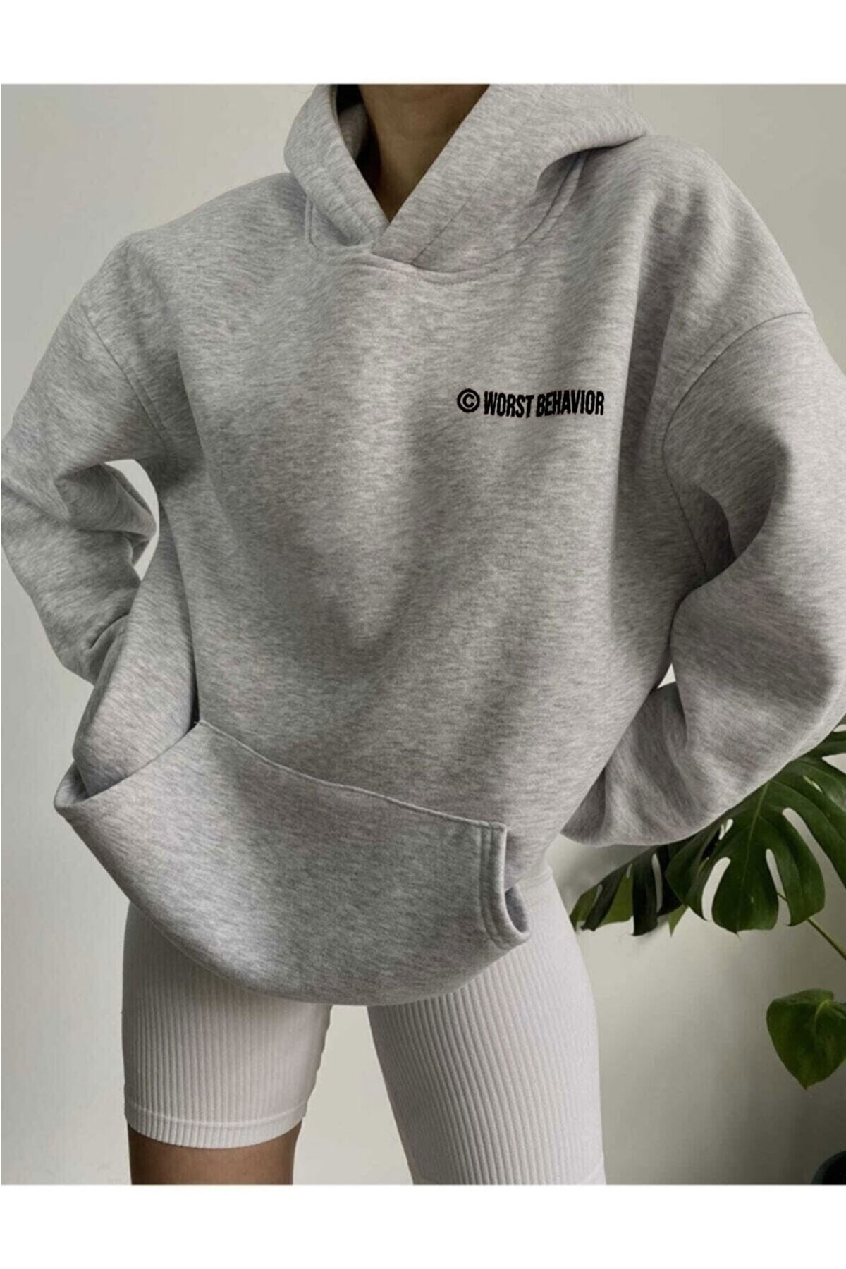 Machetta Wrst Baskılı Unisex Oversize Gri Kapüşonlu Sweatshirt görsel 2