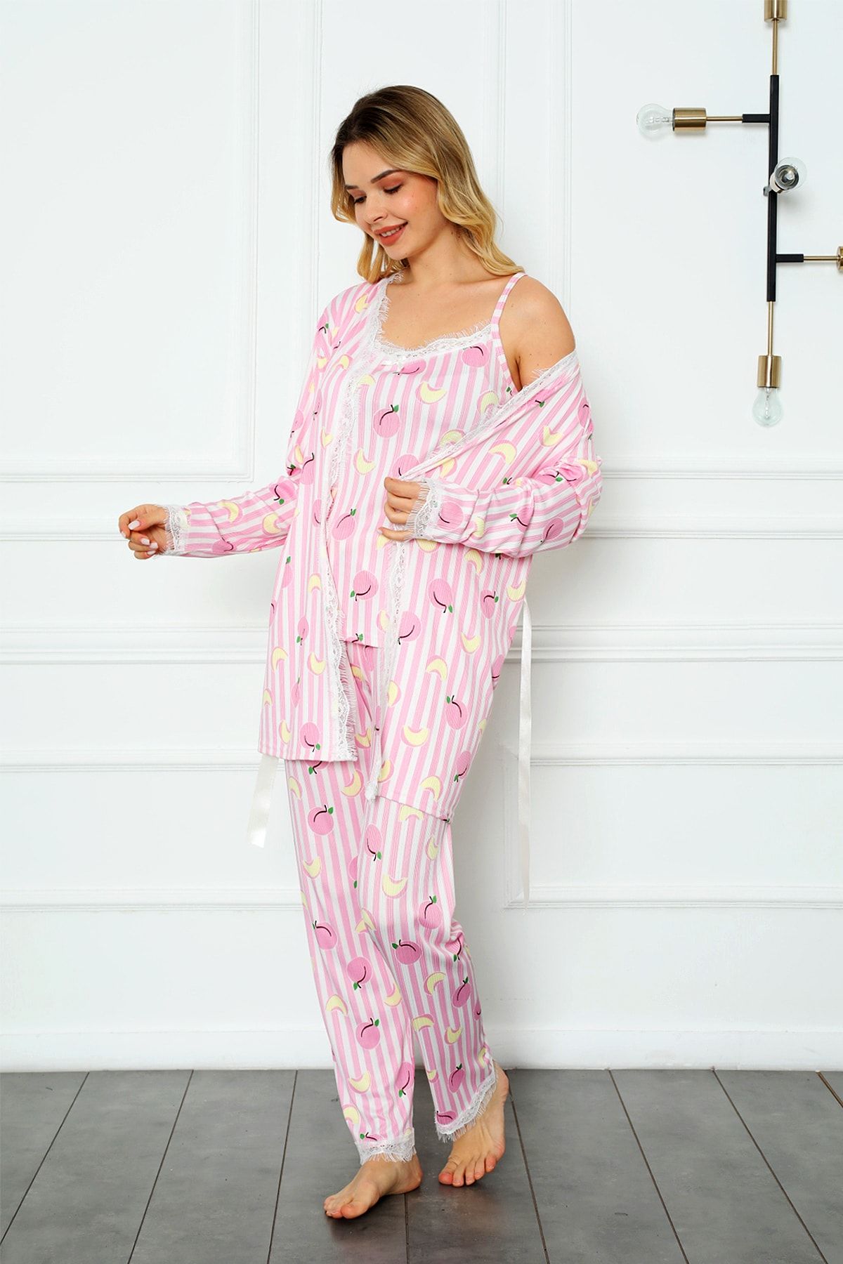 nisaNCa-Lace Detailed Pegasus Women's Pajama Set with Dressing Gown - Dowry Set - Wide Size Range 6