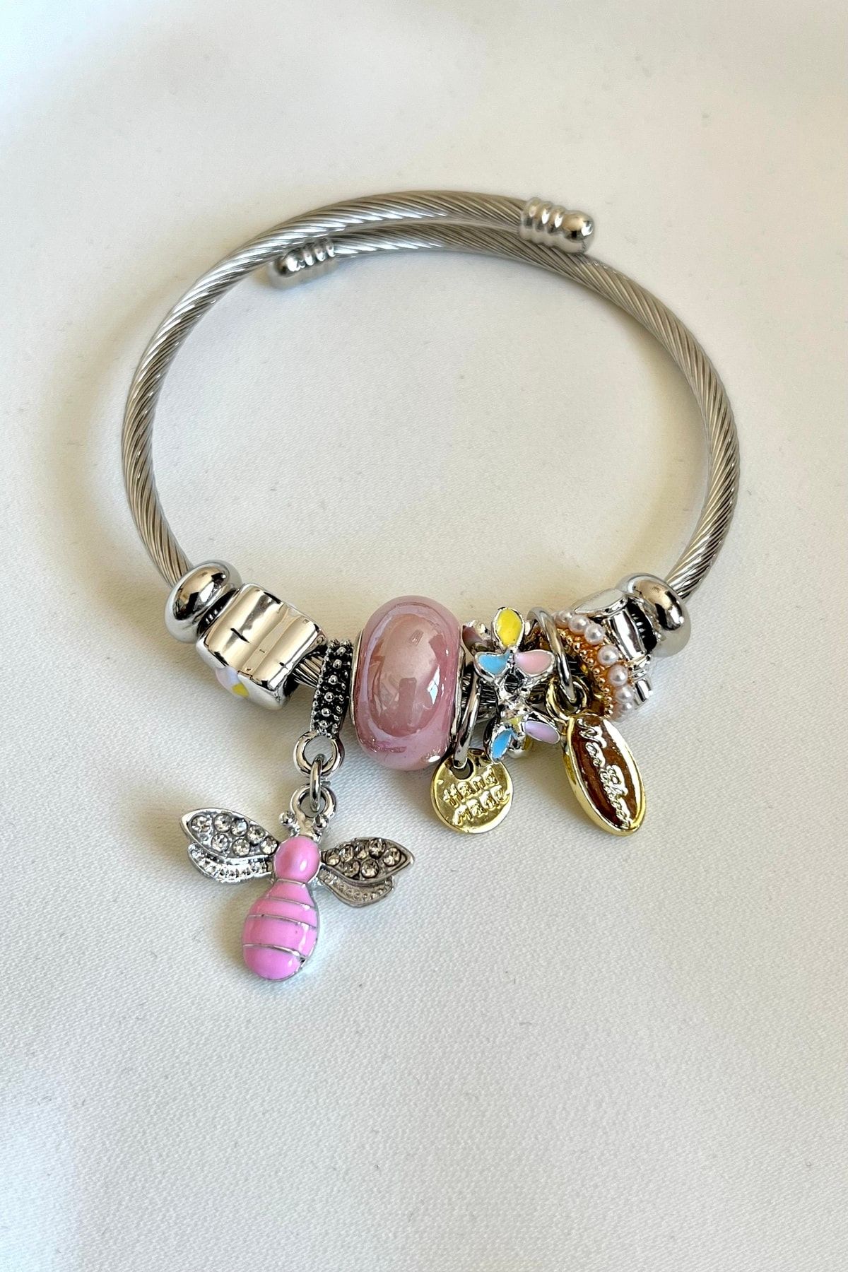 MODA Steel 17 Cm Circumference Bee Pink Charm Bracelet Women s Silver Colored Charm Bracelet