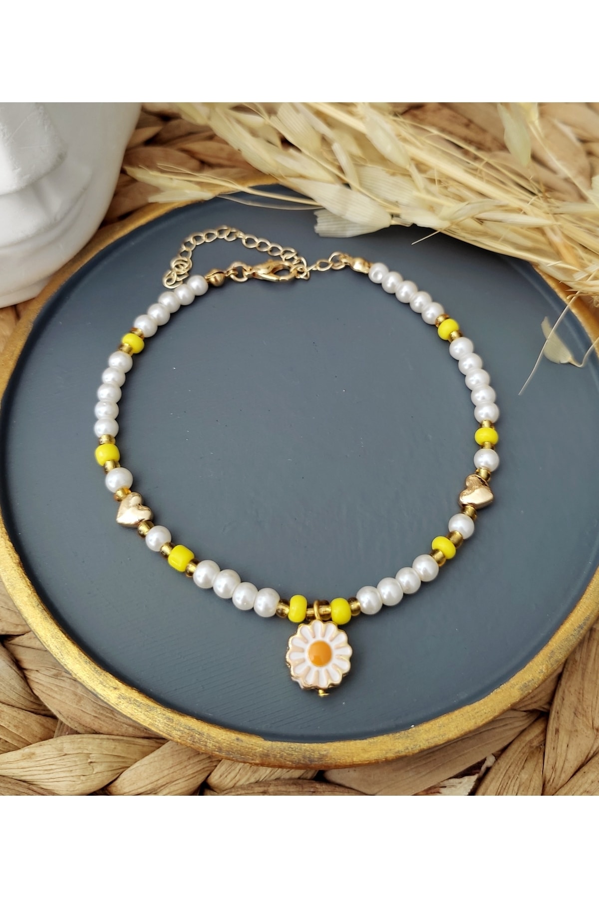 HALHALMILL Sarı Beyaz Papatyalı Incili Halhal