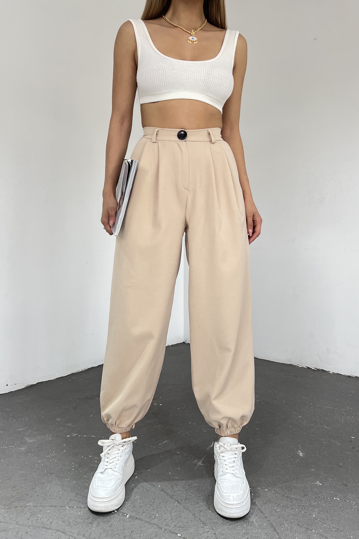 Sun Victoria  Kadın Krem Paçası Lastikli Yüksek Bel Balon Pantolon - Görsel 3