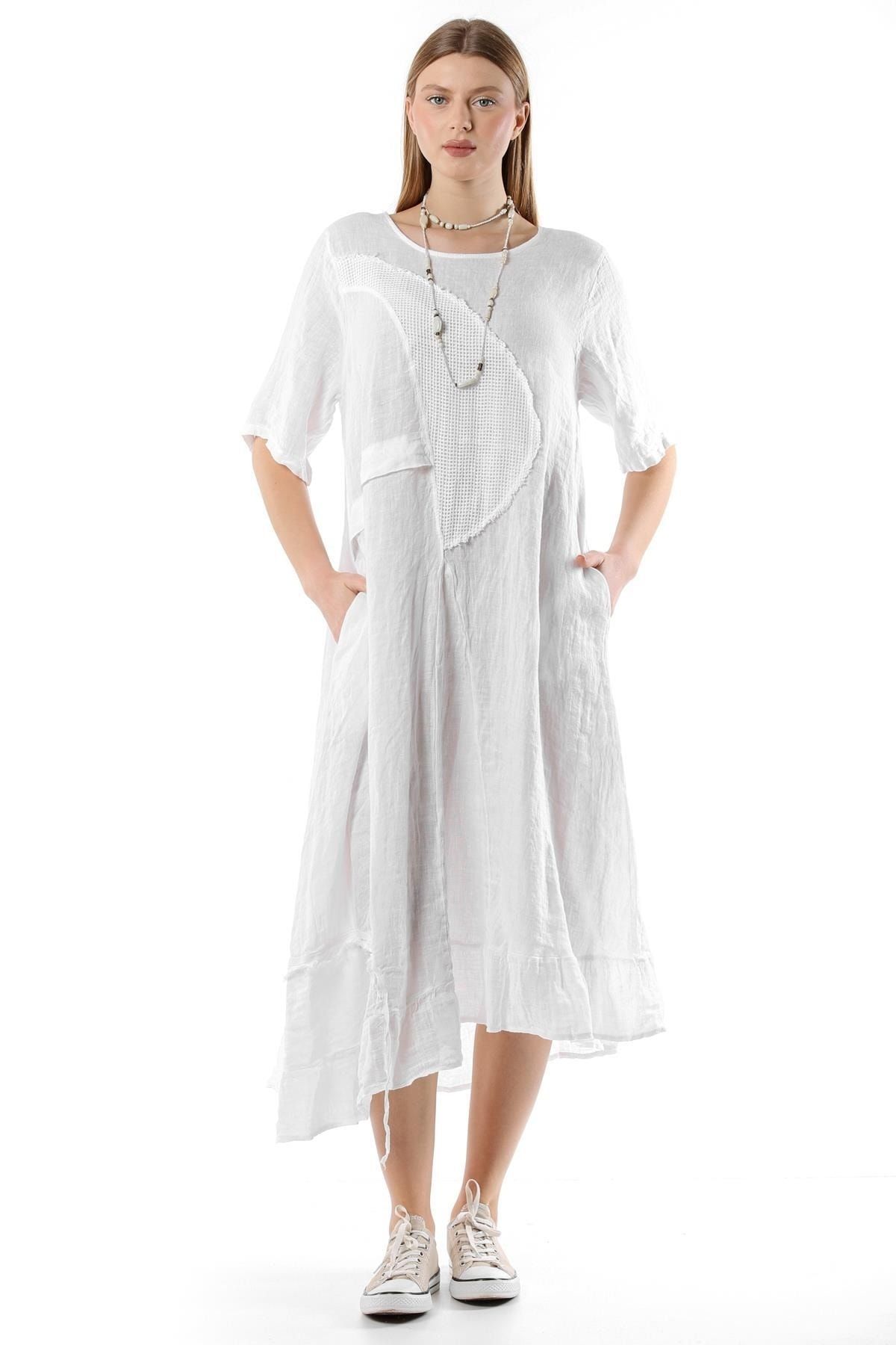 Luisido Beyaz Italyan File Detaylı Asimetrik Kesim Keten Elbise Fiyatı,  Yorumları - Trendyol