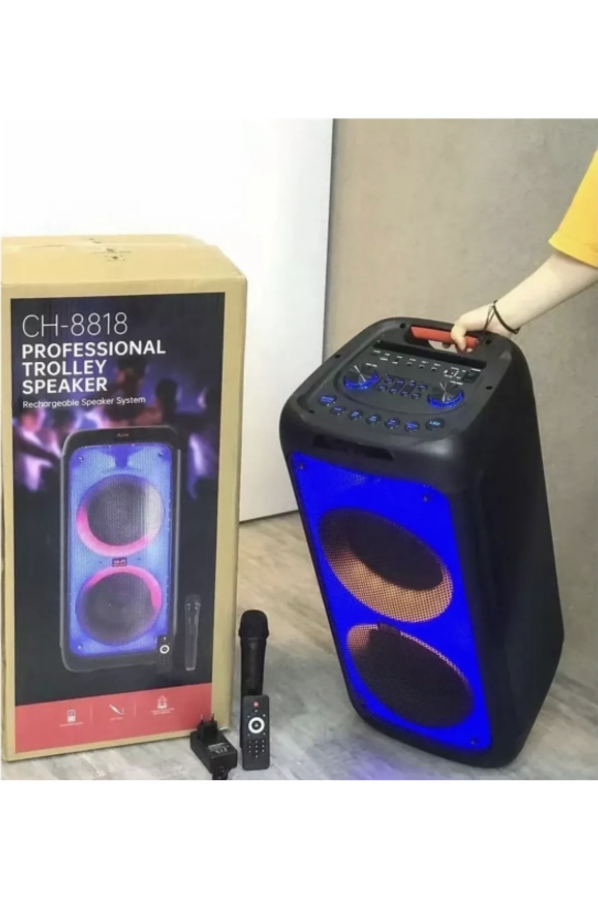 Süper Bass Büyük Boy Bluetooth Hoparlör Led Işıklı Çift Hoparlör Kablosuz Mikrofonlu Karaoke Speaker 4