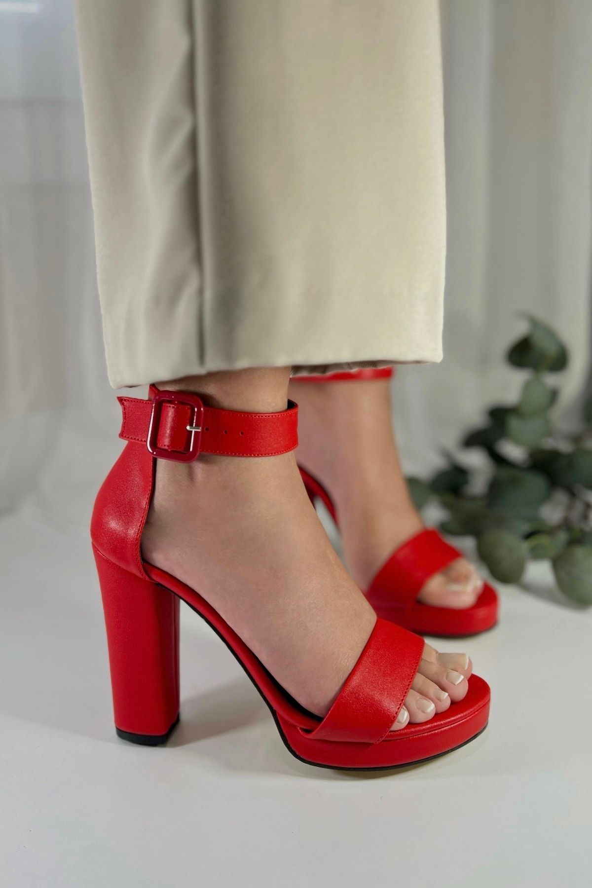 POLKA STORE Women s Anna High Thick Heeled Platform Single Strap Red Matte Leather Shoes
