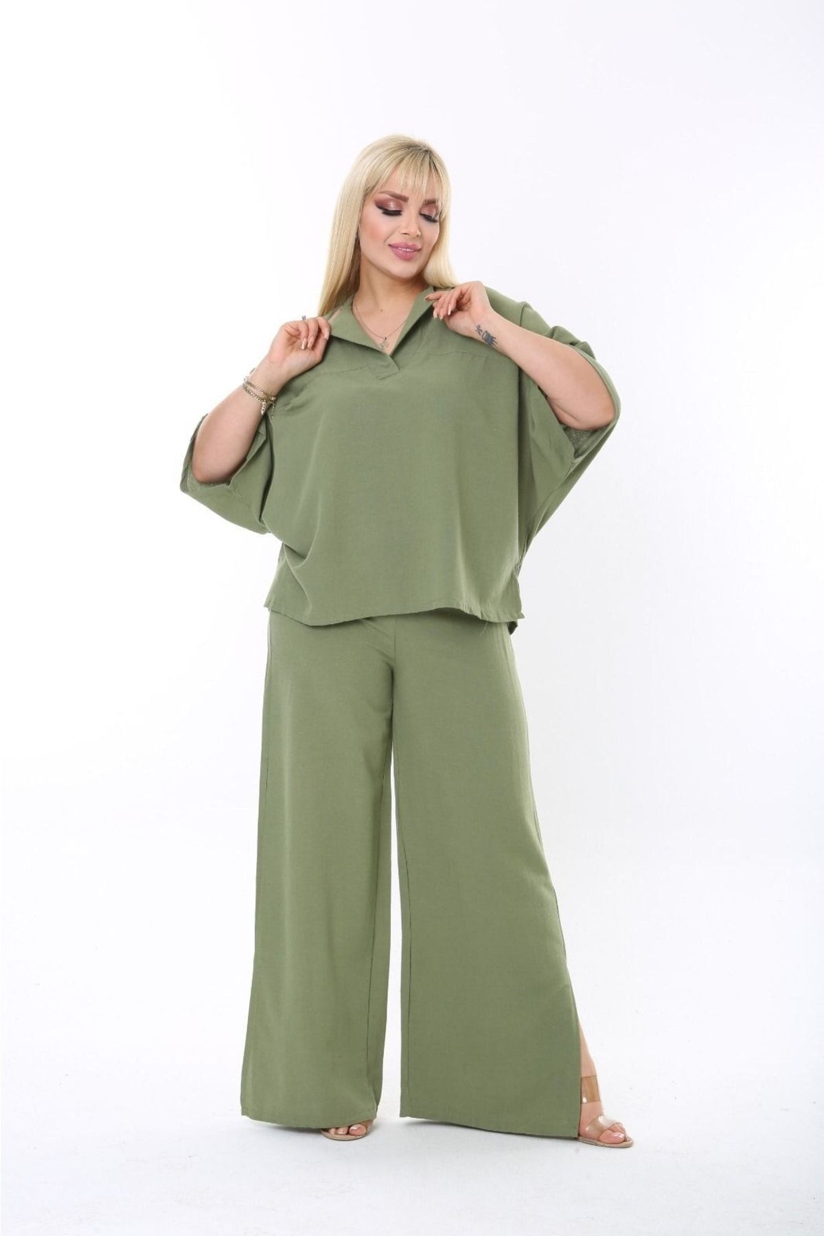 ESCBUTİK-Plus Size Side Slit Comfortable Double Set with Pants Stylish Top and Bottom Set 5