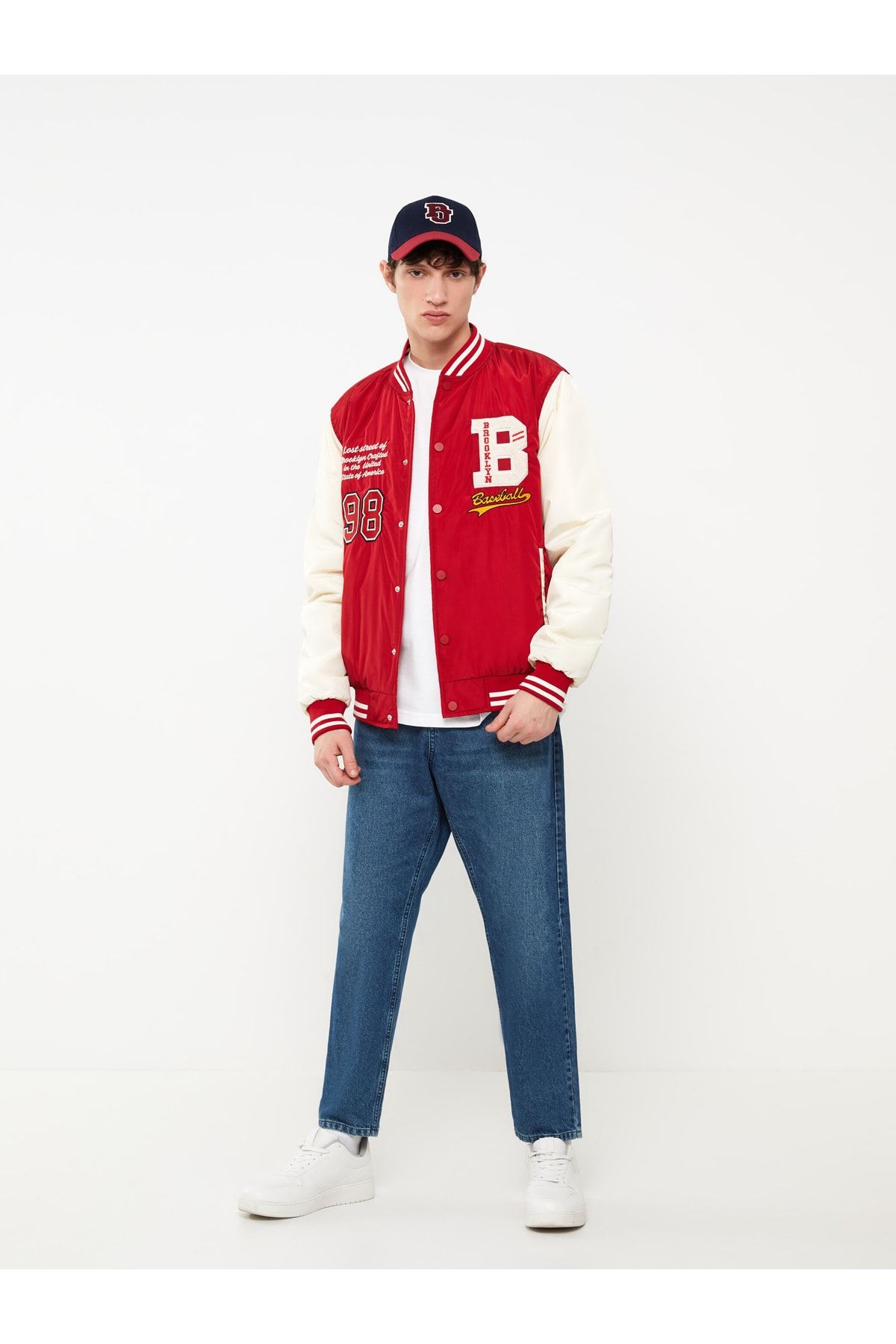 Red and white online bomber jacket