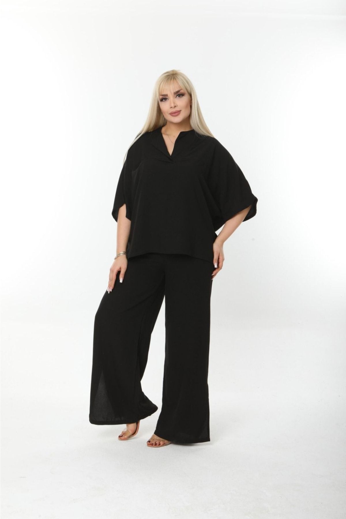ESCBUTİK-Plus Size Side Slit Comfortable Double Set with Pants Stylish Top and Bottom Set 7
